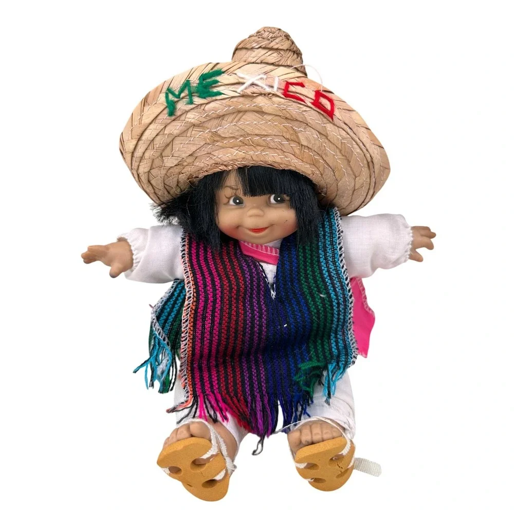 Vintage Munecas Mexicanas Souvenir Doll Mexico Sombrero Serape Huaraches 10 Inch